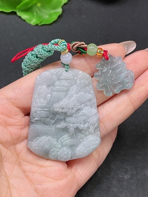 F35105397 Jadeite Pendant Landscape + Blessing Character Sell as a Lot with Non-Grade A Beads