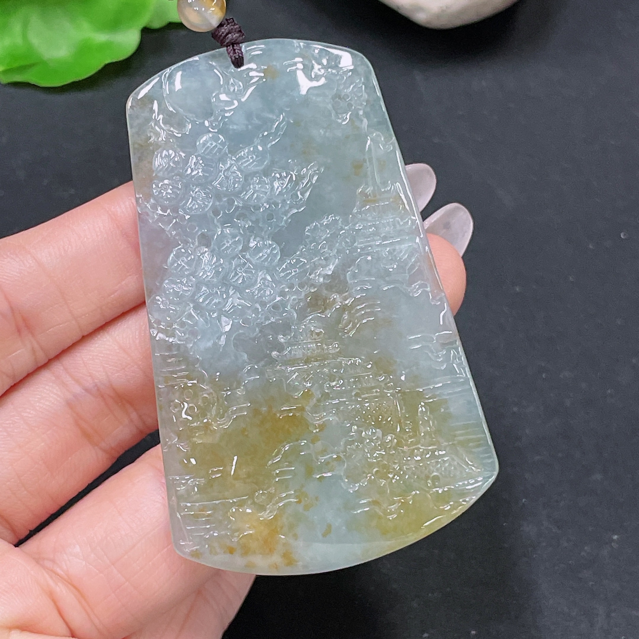 F34065616 Jadeite Landscape Pendant Total Weight Approx. 33.15g (Including Cord Weight) With Non-Grade A Beads