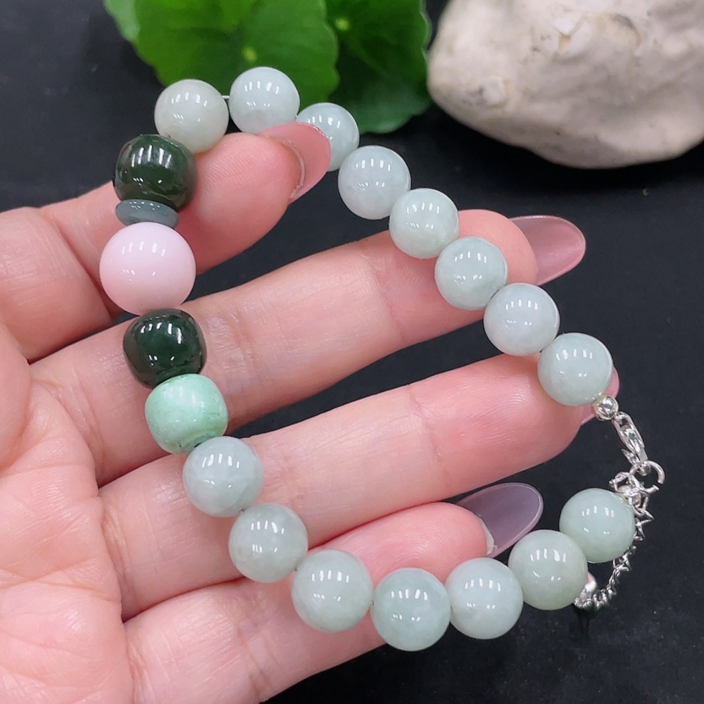 F34012270 Jadeite Bracelet Approx. 8.8mm Total Weight About 25.3g (Non-Gold Inlaid) (Matching Beads Non-A) (With Hetian Jade)
