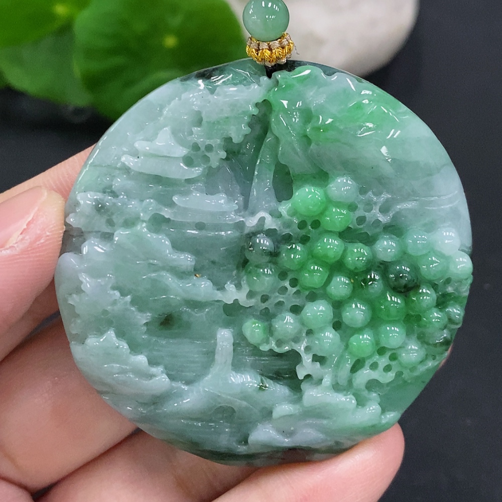 F34961325 Jadeite Landscape Pendant with Cord, Total Weight Approx. 56.6g