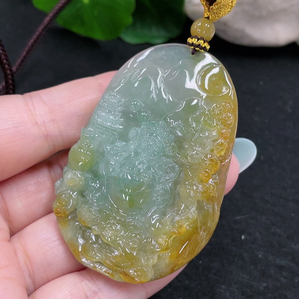 F33873770 Jadeite God of Wealth Pendant Total Weight Approx. 39.1g (Including Cord Weight) (Color Origin Undetermined)