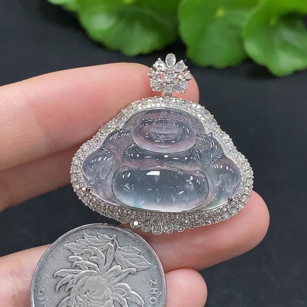 F33927642 Jadeite Buddha Pendant with 18K Gold and Diamond Accents, Total Weight Approx. 7.54g
