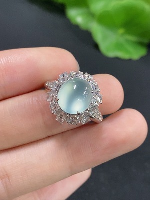 F46548320 翡翠蛋面镶嵌戒指 18k 配镶钻石 圈口14 货品总重约4.6g