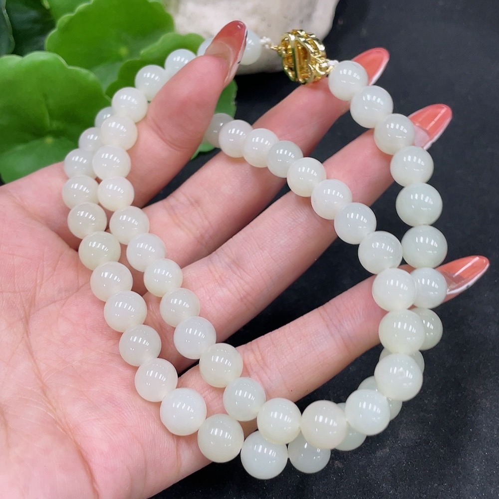 H35113565 Hetian Jade Bead Necklace Non-Gold Size about 8.4mm Total Weight about 50.6g