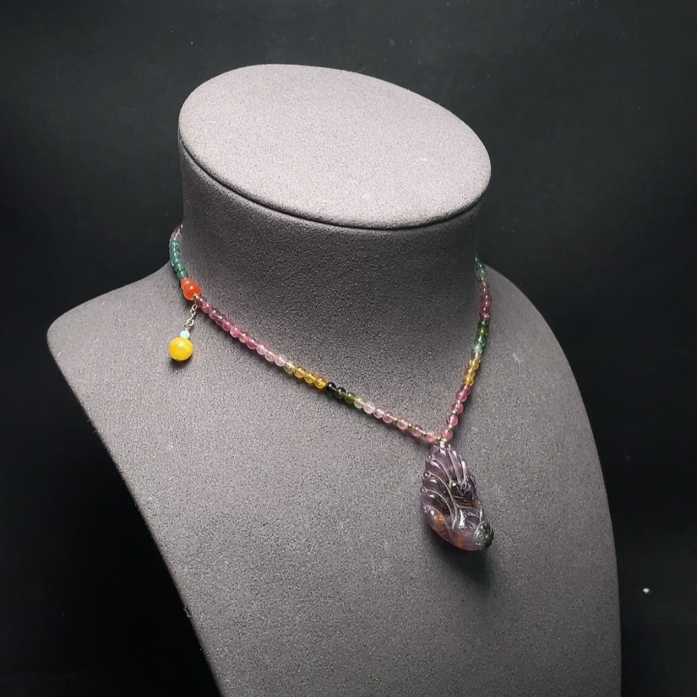 C34049104 Crystal Pendant with Southern Red Agate, Amber, Tourmaline, Visible Organic Matter, Non-Gold, Total Weight Approximately 21.7g