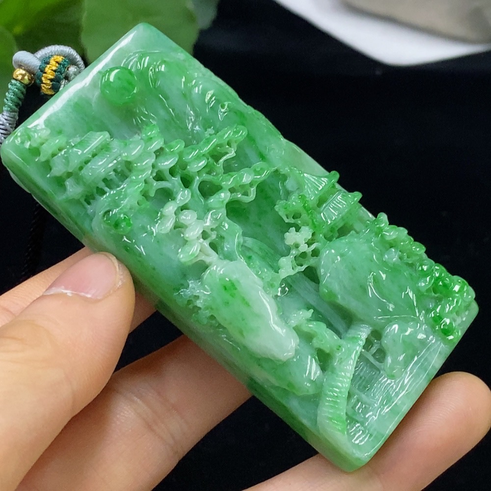 F34948146 Jadeite Landscape Pendant Total Weight Approx. 91g (Including Rope Weight)