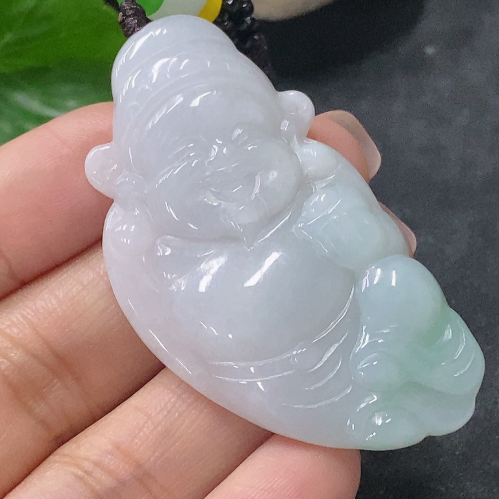F34041898 Jadeite Pendant of God of Wealth Total Weight Approx. 16.7g Including Rope Non-A Grade Beads