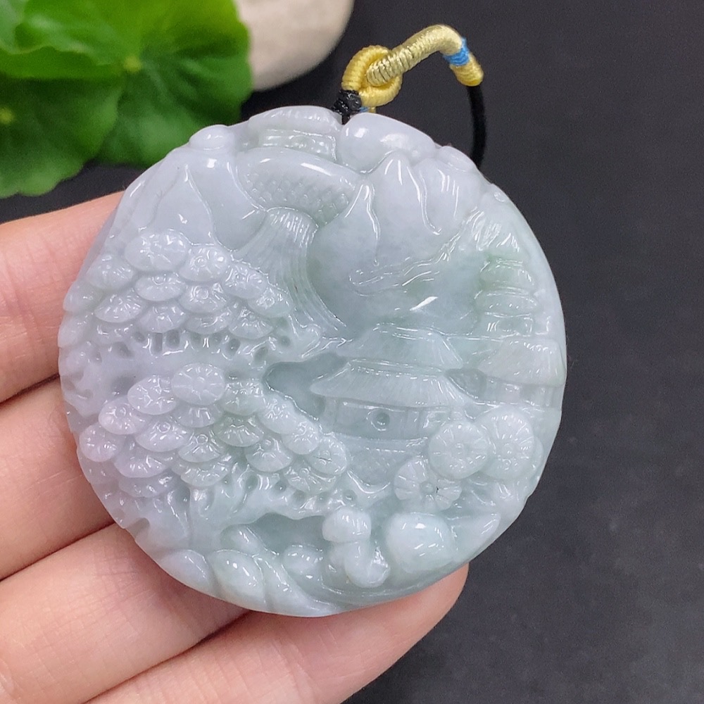 F34035503 Jadeite Landscape Pendant, Total Weight Approximately 70.8g (Including Rope)
