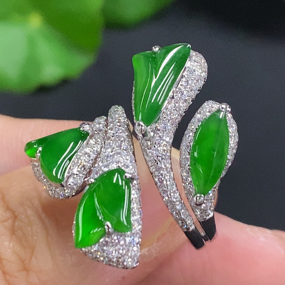F30452380 Jadeite Inlaid Ring 18K Gold Size 13 Total Weight Approx. 9.6g (With Diamond Accents)