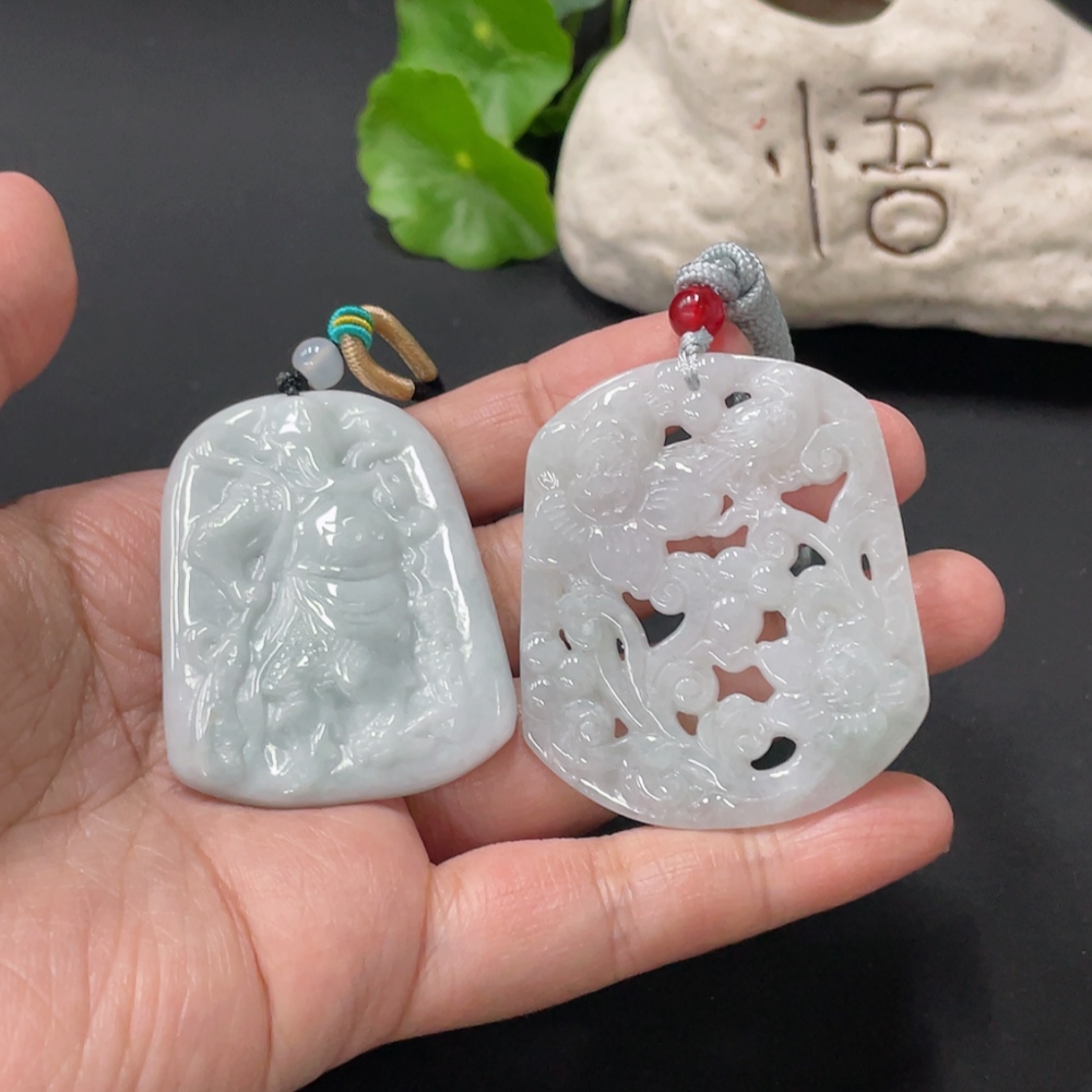 F33836613 Jadeite Pendant Guan Gong Plaque Flourishing Wealth With Non-A Grade Beads