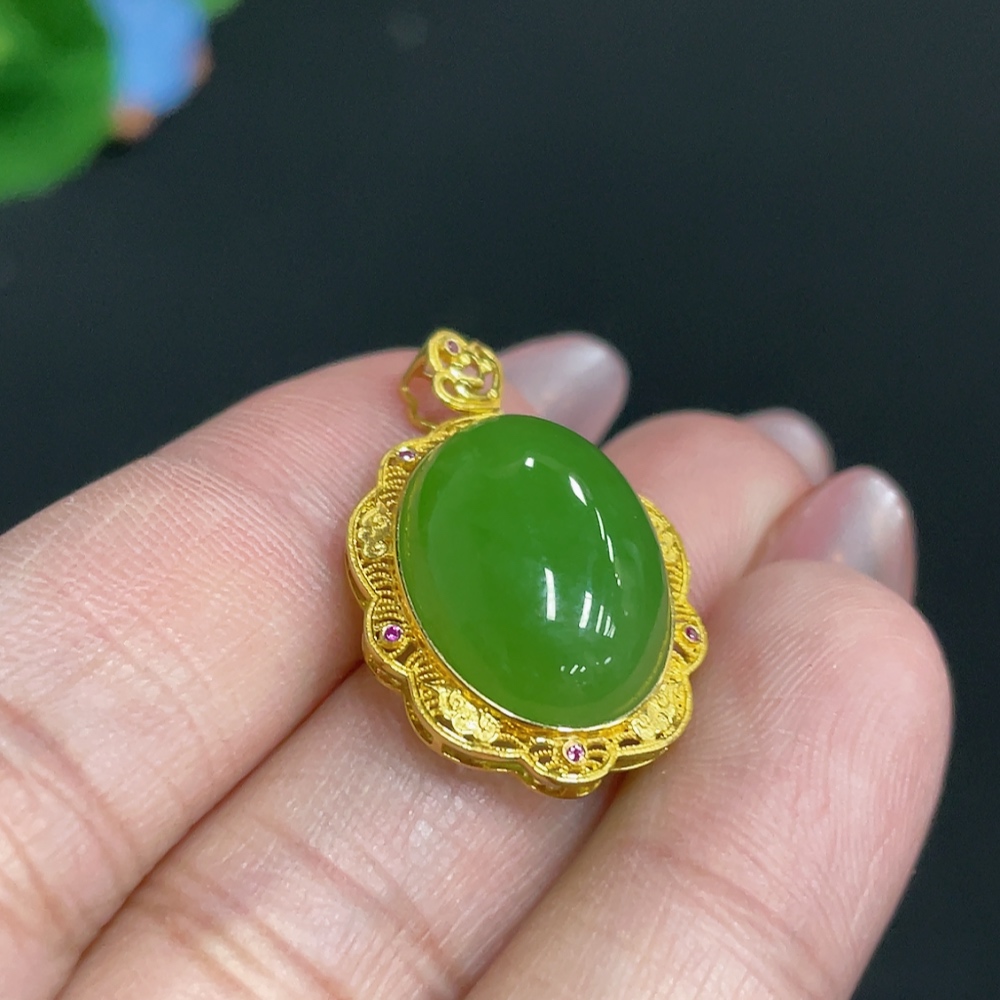 H26001429 Hetian Jade Inlaid Pendant, Cabochon, 18k, Total Weight Approx. 3.5g