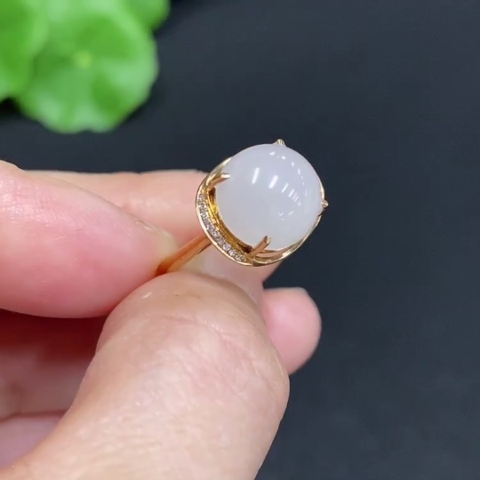 H33859041 Hetian Jade Inlaid Ring 18k Gold Size 13 with Diamond Accents Total Weight Approx. 2.2g