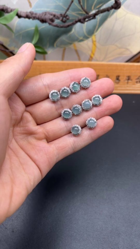 F34981779 Jadeite cabochon inlaid earrings non-metal inlaid