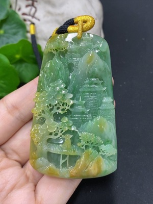 F42955174 翡翠山水牌挂件 货品总重约96克（含绳重）