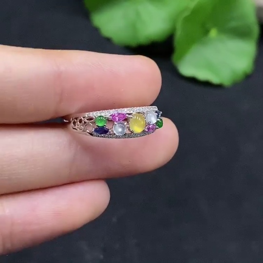 F30496836 Jadeite Cabochon Inlaid Ring 18K Gold Size 14 Total Weight Approx.1.6g Color Origin Undetermined Non-Type A Bead With Diamond Accents