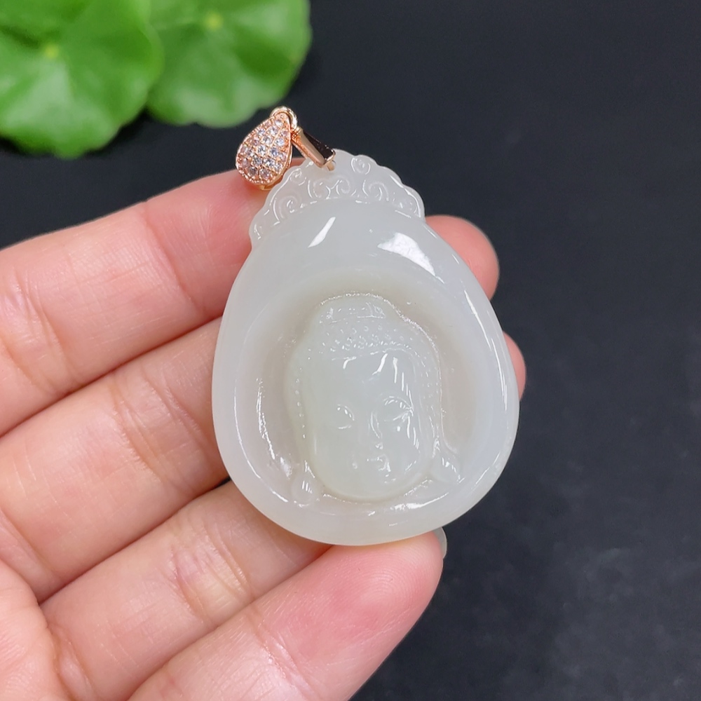 H35102795 Hetian Jade Pendant Buddha Amulet Non-Gold Inlaid Total Weight Approx. 14.7g