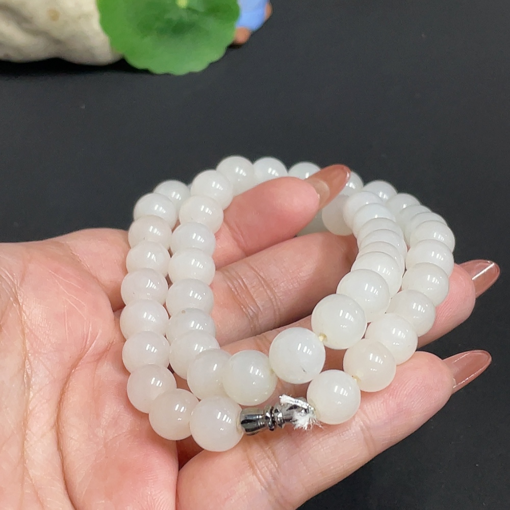 H35100014 Hetian Jade Bead Necklace, Approx. 9.1mm, Total Weight Approx. 61.5g