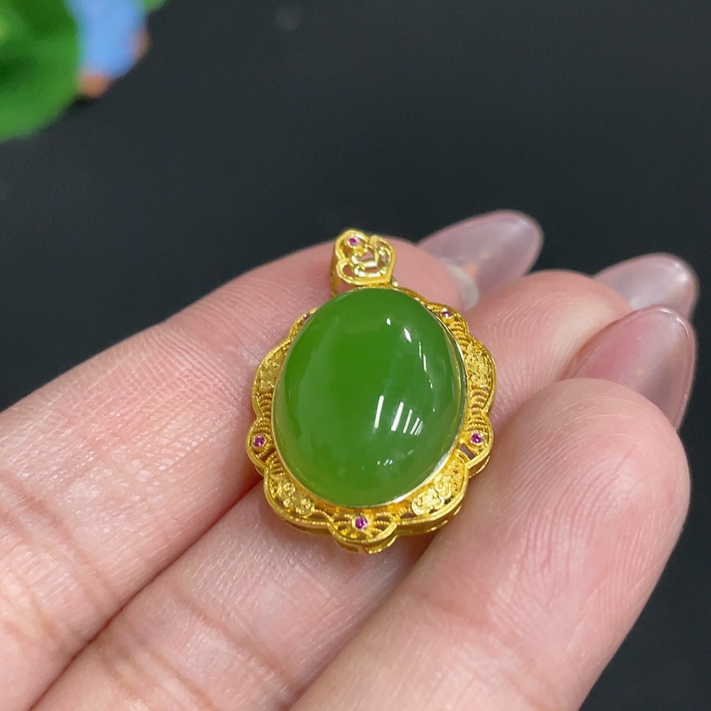 H26001429 Hetian Jade Inlaid Pendant, Cabochon, 18k, Total Weight Approx. 3.5g