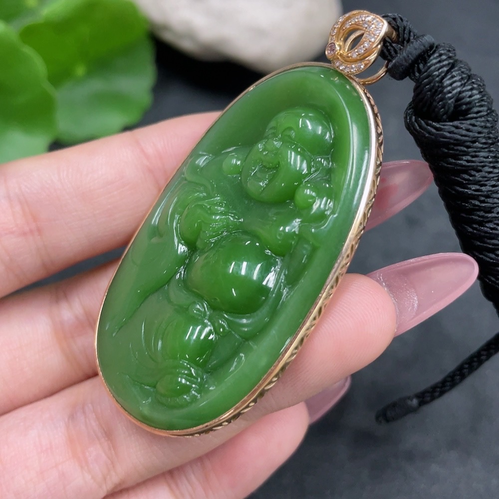 H33840403 Hetian Jade Inlaid Pendant, Buddha, Total Weight (with rope) approx. 30.2g, Large 1pc Non-Diamond, 18k
