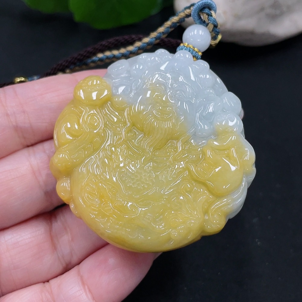 F35082311 Jadeite God of Wealth Pendant Total Weight Approx. 48.5g (Including Rope Weight)