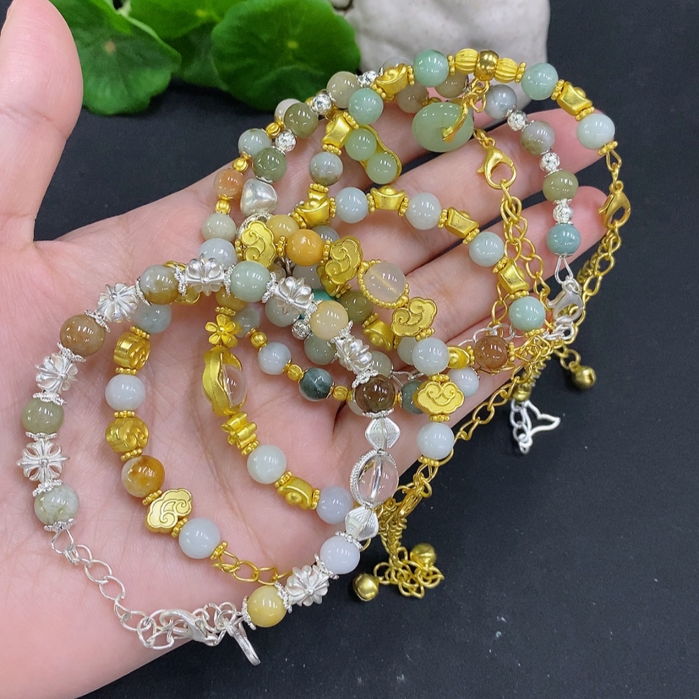 F34001794 Jadeite Bead Necklace Sell as a Lot Non-gold Setting (Yellow Color Origin Undetermined) (Contains Other Mineral Components) (Matching Beads Not Grade A)