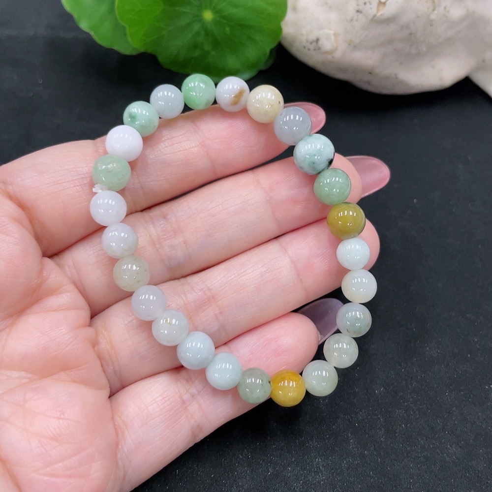 F34983107 Jadeite Beads Approx. 7.4mm Total Weight Approx. 13.4g (Yellow Part Color Cause Undetermined) (Containing Other Mineral Components)