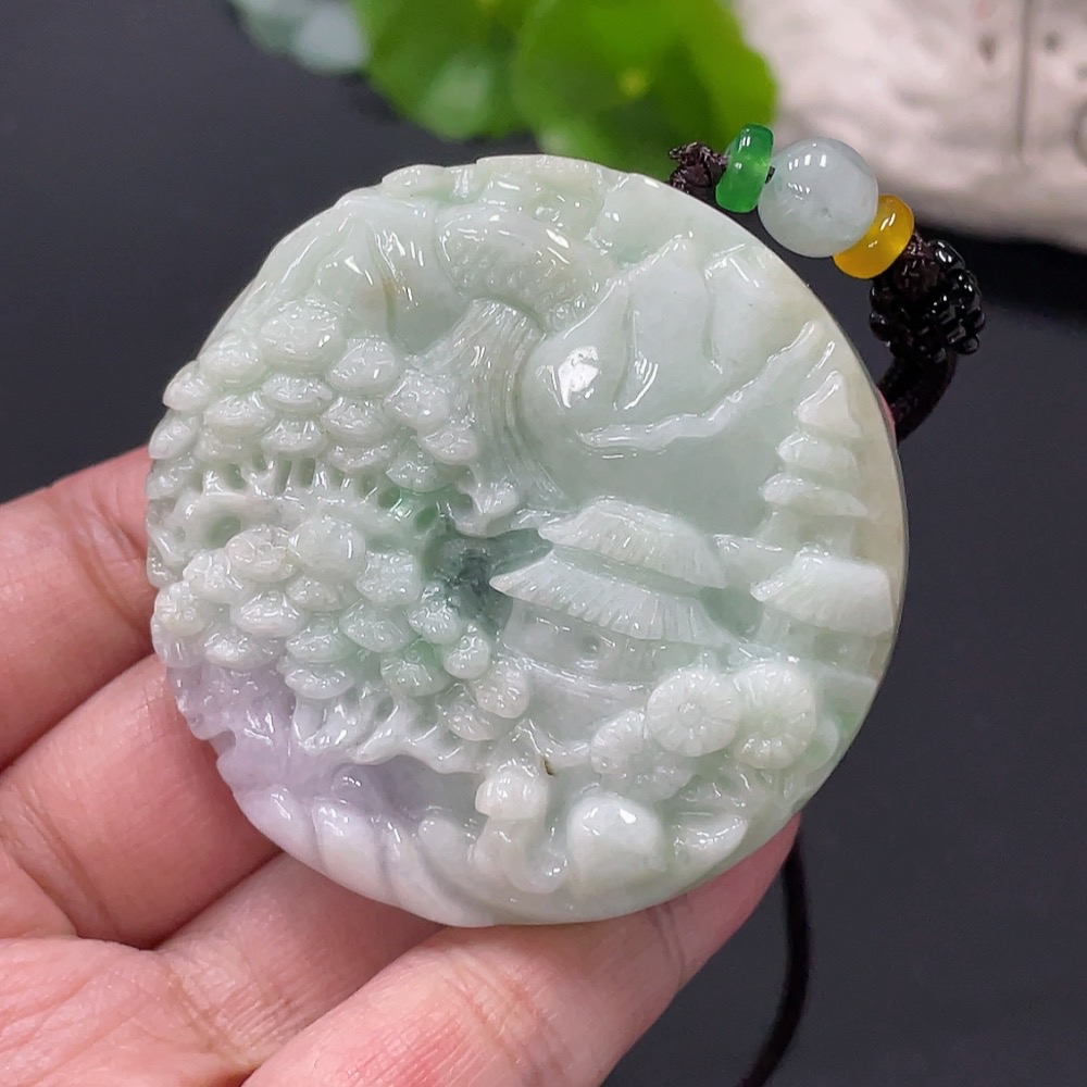 F25917702 Jadeite Pendant Landscape Plaque Total Weight Approx. 70.25g With Non-Grade A Beads