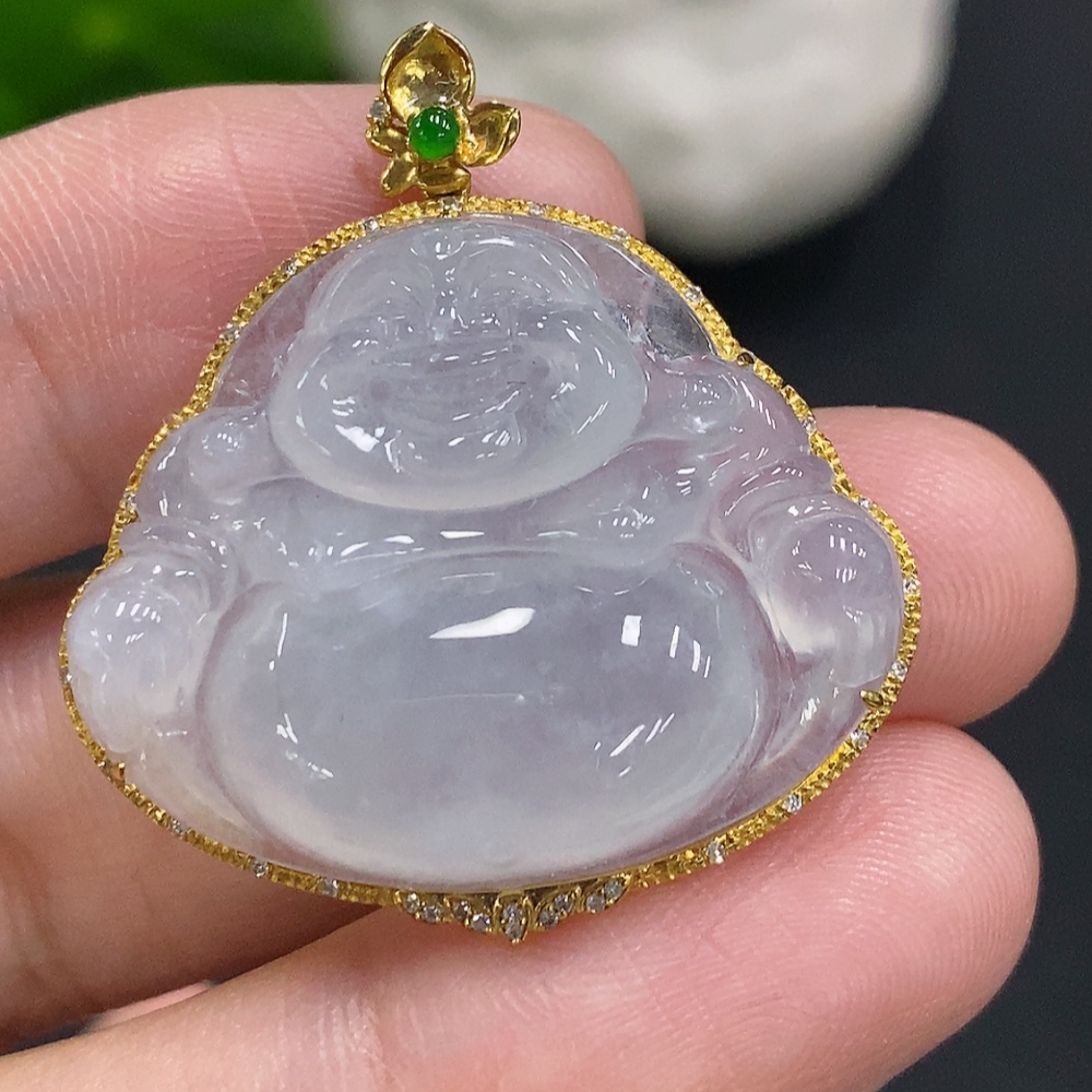F35107388 Jadeite Buddha Pendant in 18K Gold with Diamond Accents, Total Weight Approx. 6.7g