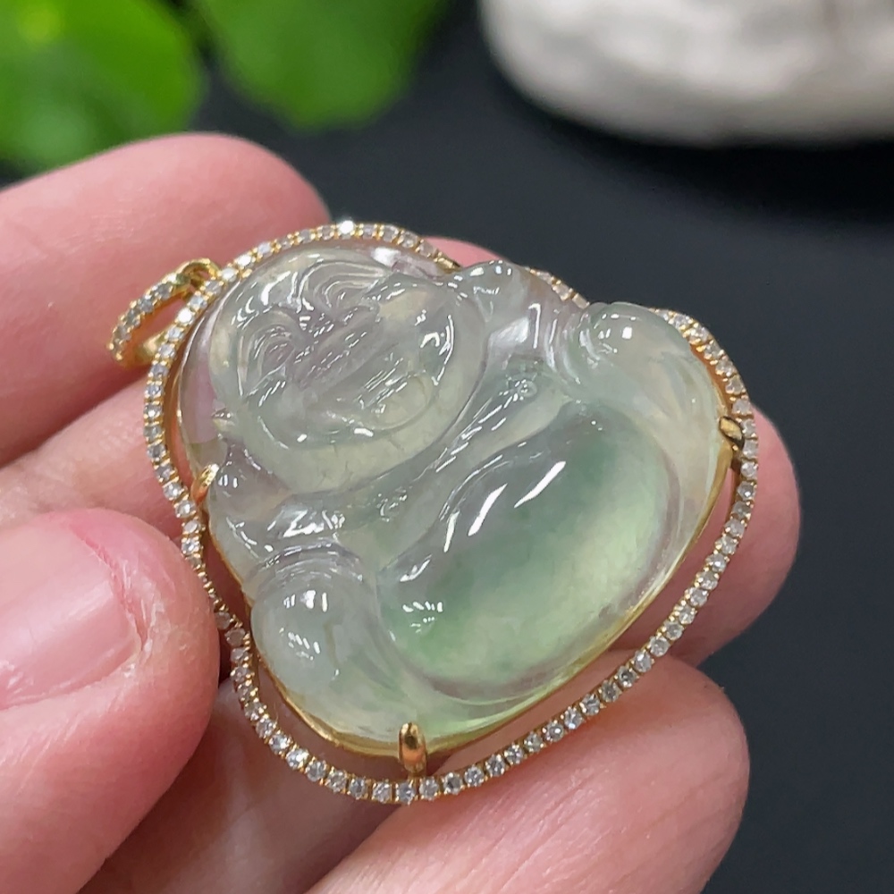 F33837840 JadeiteBuddha Pendant with 18K Gold Setting and Chain, Total Weight Approx. 10.6g, Accented with Diamonds