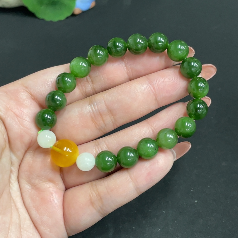 H35118682 Hetian Jade Jasper Bead Bracelet, approx. 9.2mm, total weight approx. 25.4g, containing other mineral components, paired with amber
