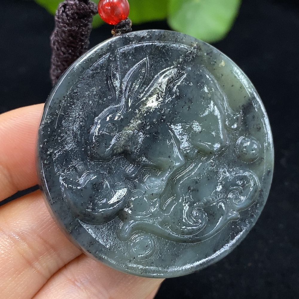 H09666265 Hetian Jade Rabbit Pendant with String, Total Weight 34g