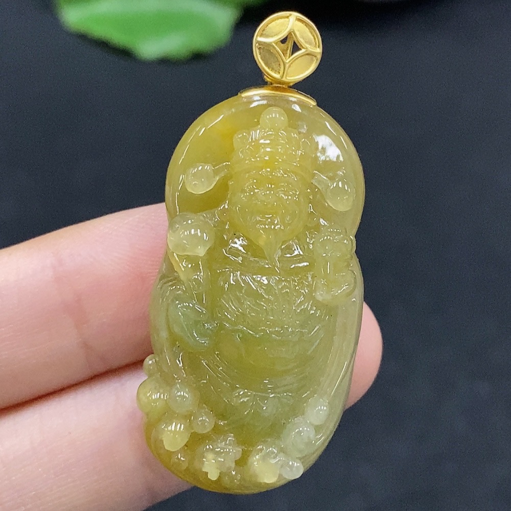 F32729253 Jadeite Caishen Pendant 18K Gold Color Origin Undetermined Total Weight Approx. 12.84g