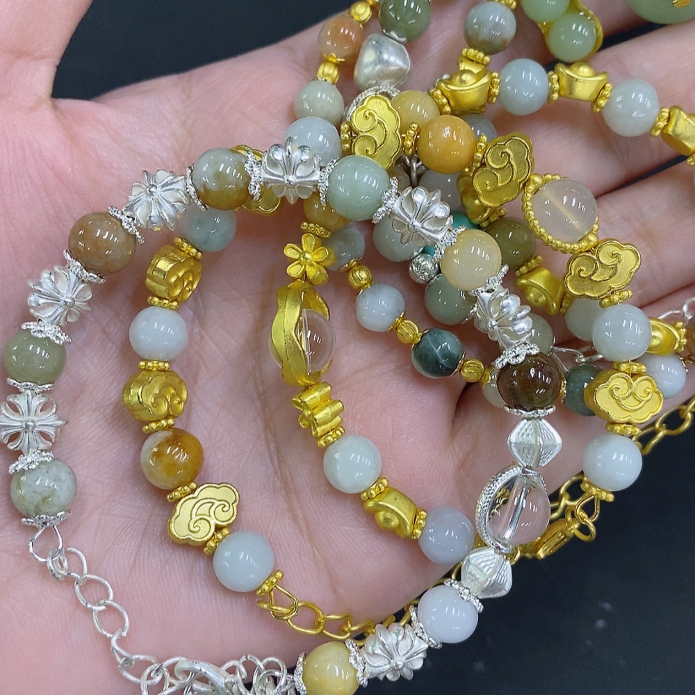 F34001794 Jadeite Bead Necklace Sell as a Lot Non-gold Setting (Yellow Color Origin Undetermined) (Contains Other Mineral Components) (Matching Beads Not Grade A)