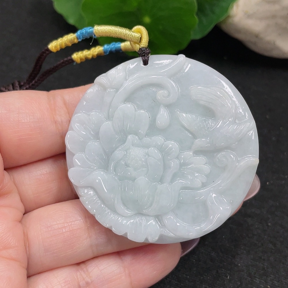 F34966150 Jadeite Flower and Bird Plaque Pendant