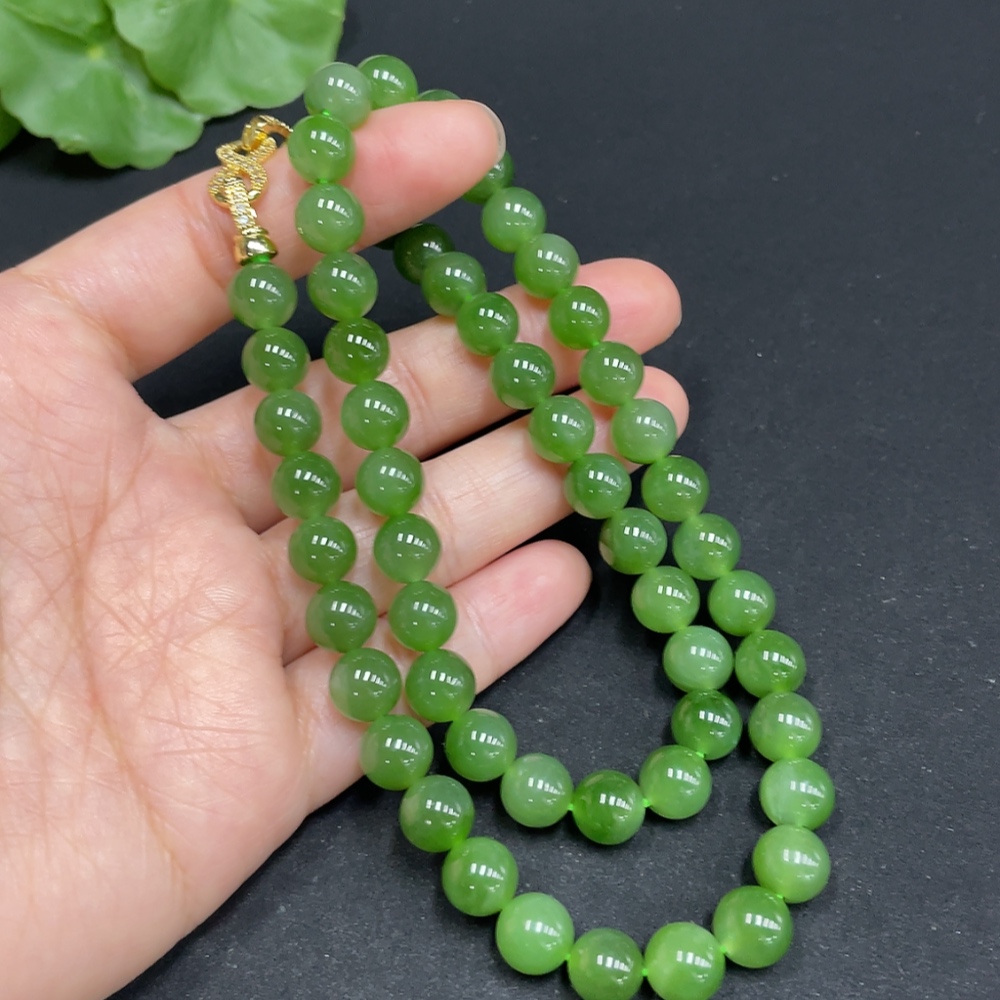 H35102452 Hetian Jade Bead Necklace, approx. 7.8mm, non-gold inlaid, total weight approx. 44.1g