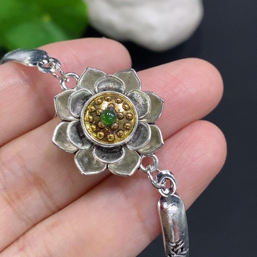 F27104609 Jadeite Cabochon Inlaid Bracelet, Non-Gold Setting, Total Weight Approx. 11.4g