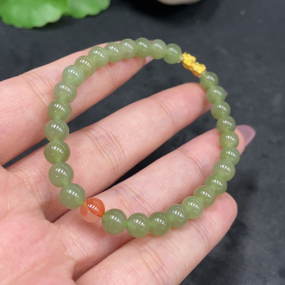 H33858594 Hetian Jade Bracelet, Approx. 5.9mm, Total Weight Approx. 9.5g, 99% Gold Content, Non-Hetian Jade Beads
