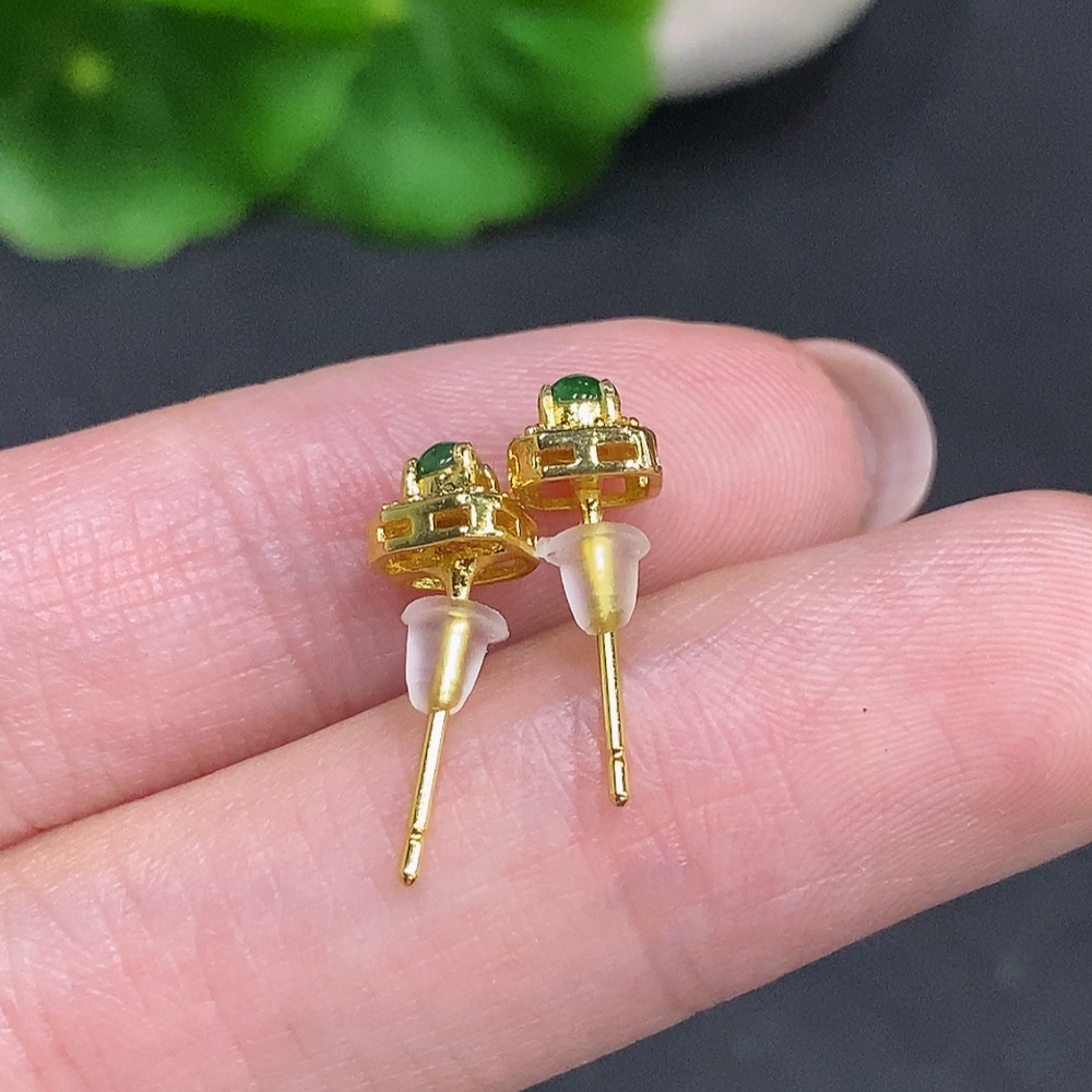 F34035606 Jadeite Cabochon Stud Earrings Non-Gold Setting Total Weight Approx. 0.7g