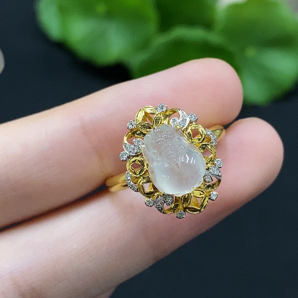 F34028023 Jadeite Inlaid Ring 18K Gold Size 14 with Diamond Accent Total Weight Approx. 2.3g