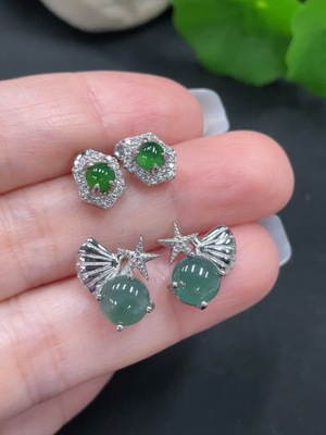 F27095438 Jadeite Inlaid Earrings Sell as a Lot (Non-Gold Inlaid)