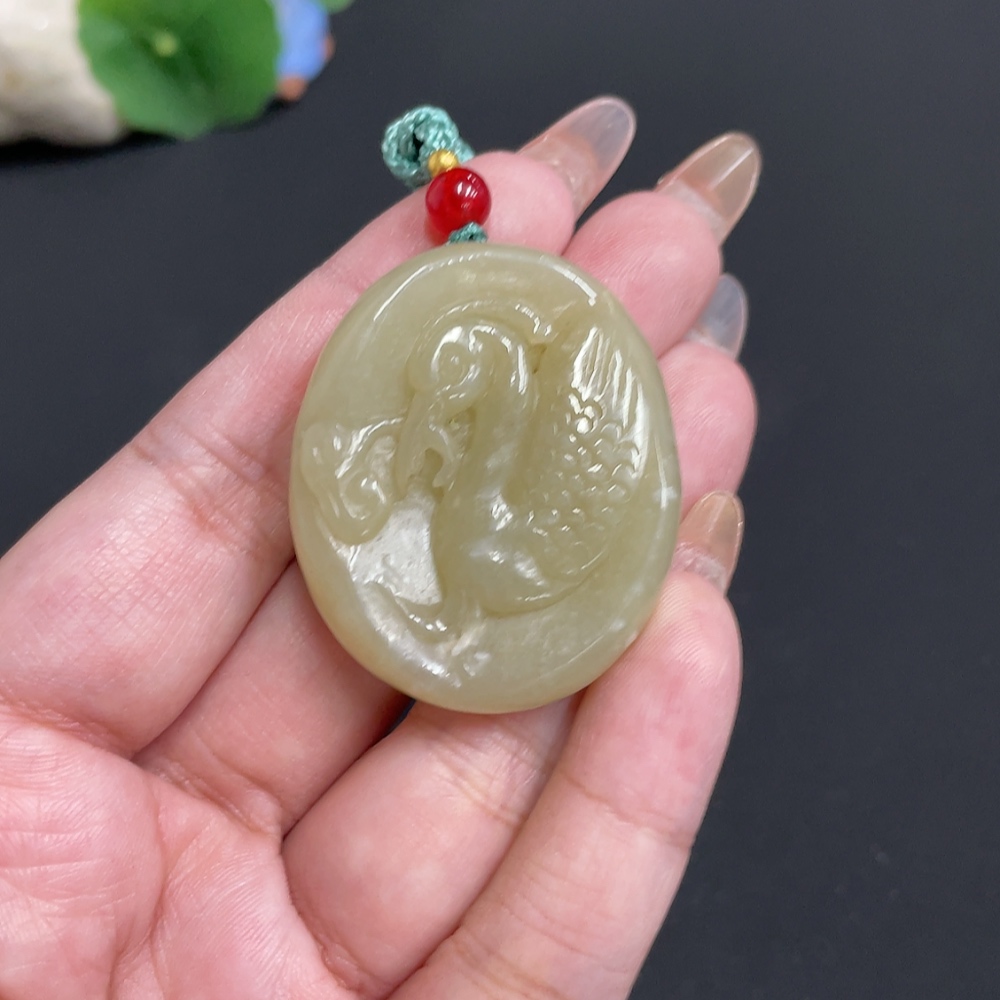 H32766869 Hetian Jade Pendant, Crane, Total Weight Approx. [with rope] 30.5g