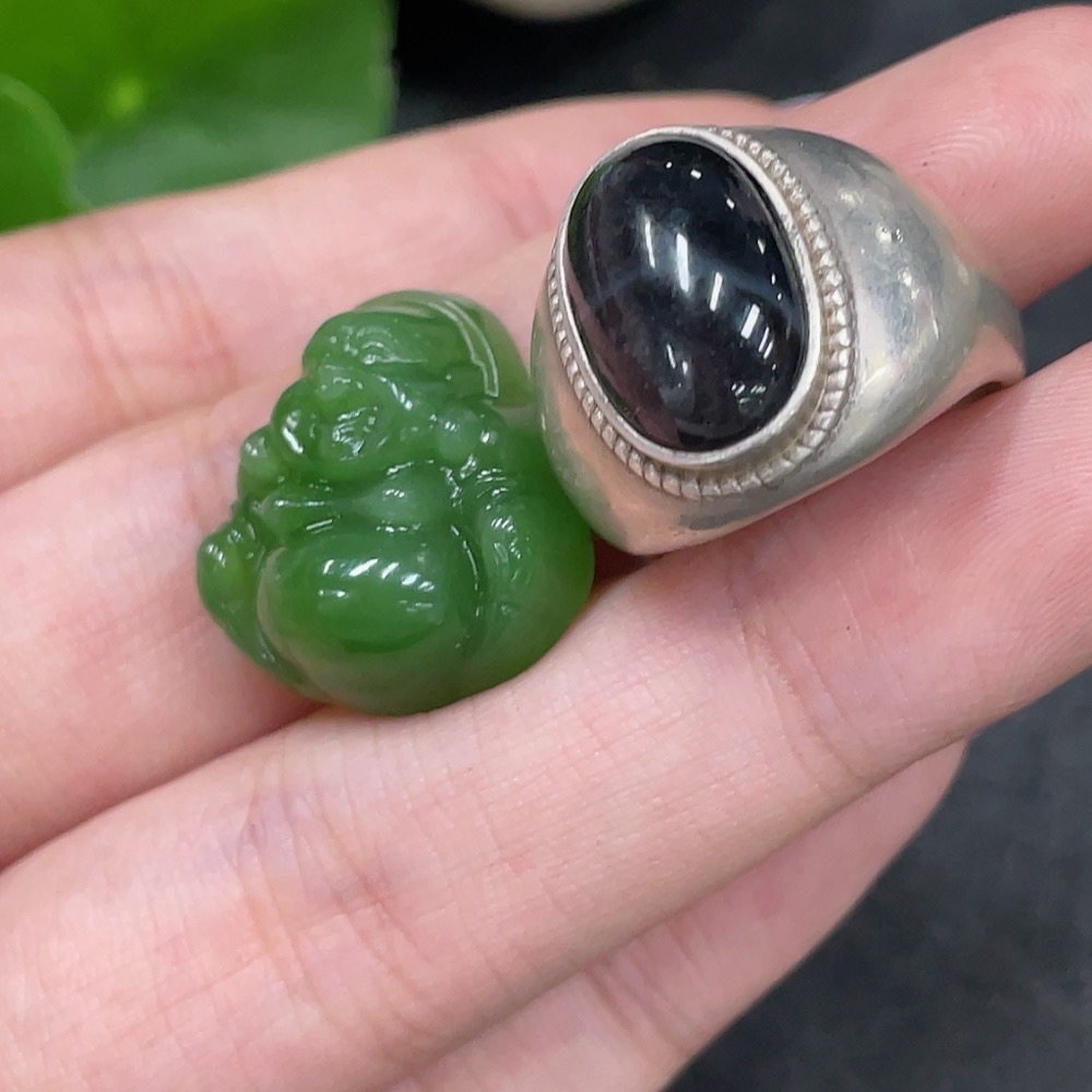 H34980229 Hetian Jade Pendant + Openable Inlaid Ring Non-Gold Total Weight Approx. 13.6g