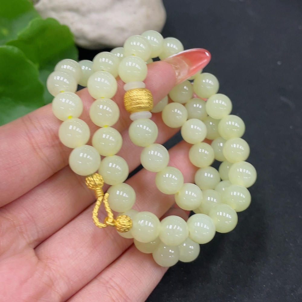H34053448 Hetian Jade Bead Necklace, approx. 7.8mm, non-gold inlaid, total weight approx. 42.6g