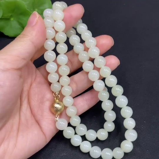 H34015541 Hetian Jade Bead Necklace Approx. 7.8mm Non-Gold-Inlaid Total Weight About 53.2g