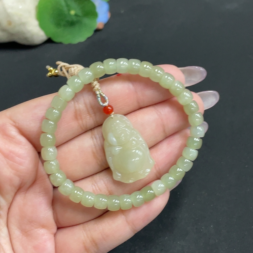 H34971924 Hetian Jade Pendant, Buddha Bead Bracelet Approx. 5.8mm, Total Weight (Including String) Approx. 17.2g