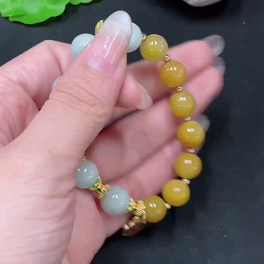 F34065317 Jadeite Bracelet Yellow Beads Non-A Total Weight Approx. 25.8g Size 10.8mm