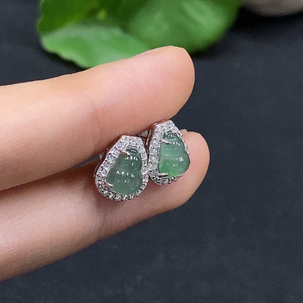 F31603767 Jadeite Gourd Inlaid Earrings Non-Gold Inlaid Total Weight About 1.85g Non-Diamond