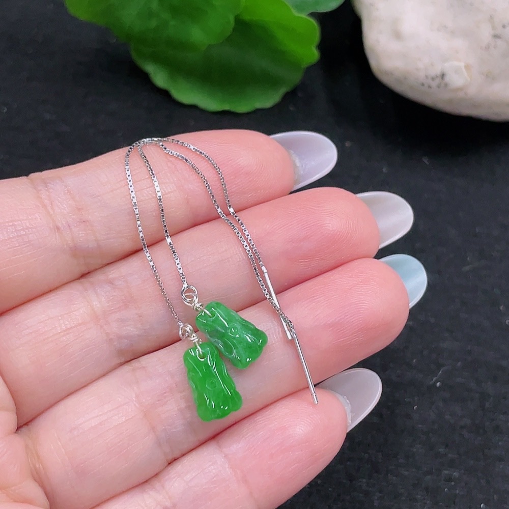 F33898719 A Pair of Jadeite Inlaid Earrings Total Weight Approx. 1.1g (Non-Gold Inlaid)