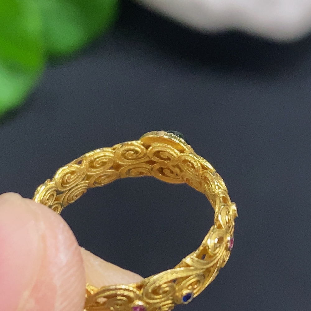 F30542577 Jadeite Cabochon Inlaid Ring 18K Gold Size 10 Total Weight Approx. 1.7g