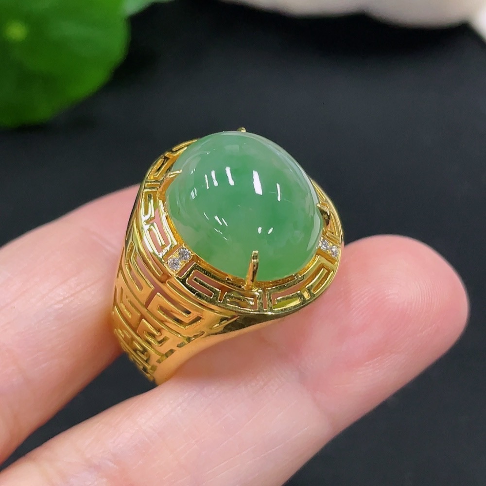 F31592767 Jadeite Cabochon Inlaid Ring 18K Gold Size 22 Total Weight Approx. 7.39g